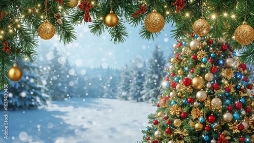 Colorful holiday baubles forming a decorative background