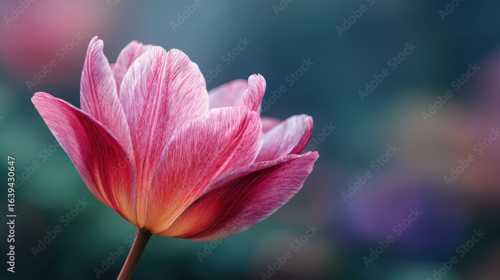 Fototapeta premium Pink Tulip's Gentle Embrace: A captivating close-up of a vibrant pink tulip in full bloom, set against a soft, blurred backdrop, highlighting its delicate petals.