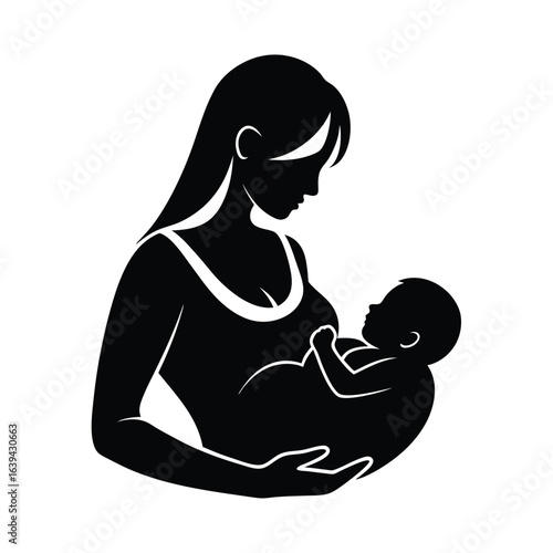 Mother Breastfeeding Her Baby vector silhouette on white background