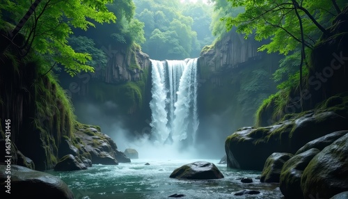 Waterfall in Green Forest Landscape © Zainul