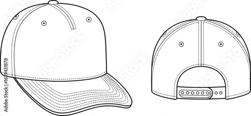 Snapback baseball cap CAD drawing, flat vector illustration, adjustable hat technical sketch, detailed headwear blueprint, front and back view design template
