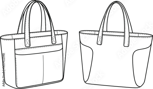 Tote bag CAD drawing, flat vector illustration, handbag design template, fashion accessory sketch, sewing pattern, leather bag blueprint, purse technical drawing