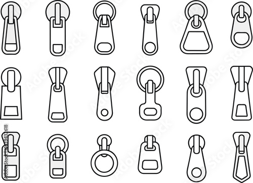 Zipper puller CAD drawing, flat vector illustration, zipper slider technical sketch, sewing hardware blueprint, garment accessory design, detailed fashion zipper parts