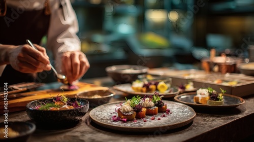 gourmet plating, professional chef at work, luxury fine dining, modern restaurant kitchen, artistic food presentation, culinary craftsmanship, chef preparing high-end meal, food styling inspiration, 