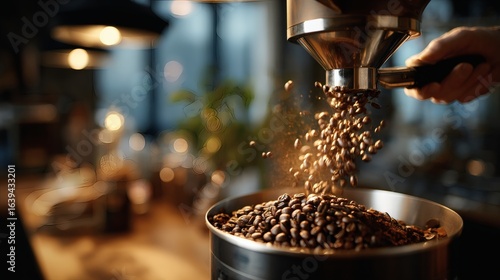 fresh coffee beans pouring into grinder, barista preparation process, specialty coffee culture, caffeine lifestyle 
