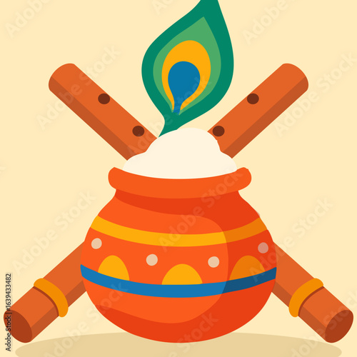 Dahi Handi with Crossed Flutes and Peacock Feather Vector Illustration