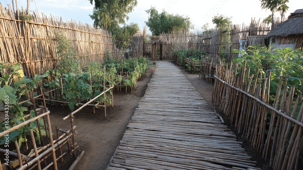 Fototapeta premium Serene Pathway Through Vibrant Vegetable Garden Surrounded by Rustic Bamboo Fencing Under Soft Sunlight