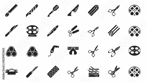 Illustration showcasing various crafting tools including knives scissors and other specialized instruments silhouette