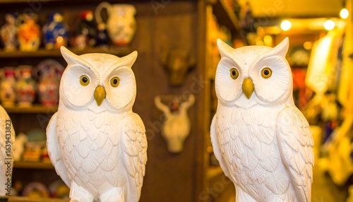 Two white owl figurines in a store.