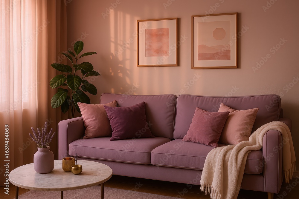 Obraz premium Serene living room with plush lavender sofa, decorative pillows, and abstract art bathed in warm, diffused light.