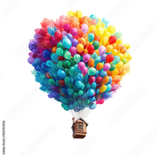 Colorful balloons lift house, adventure, fantasy, whimsical background, children's book illustration