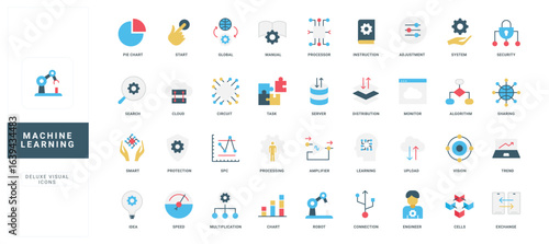 Colorful flat icons representing machine learning, AI, data science, algorithms, and technology concepts for digital projects and presentations vector illustration