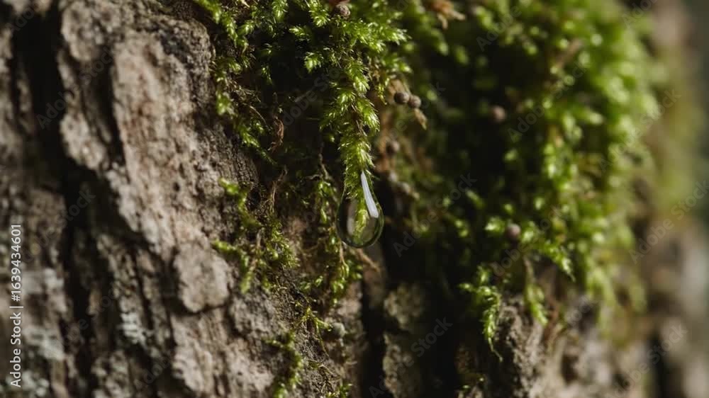 Water Drop on Mossy Tree Bark: Macro Shot of Nature's Detail and Tranquility Water Drop on Mossy Tree Bark: Macro Shot of Nature's Detail and Tranquility