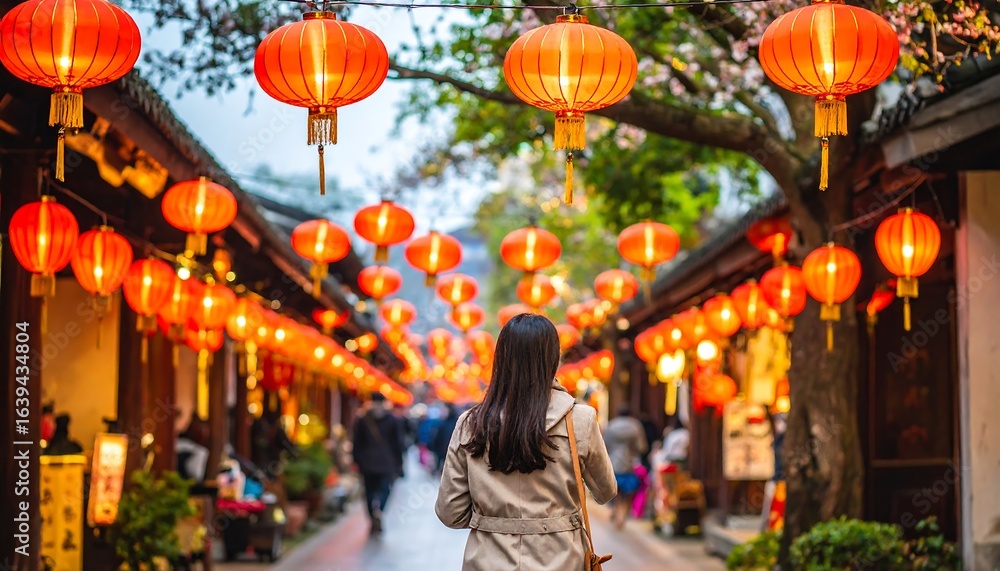 Naklejka premium Pedestrian pathway lined with traditional red lanterns.