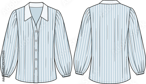 Women's striped blouse with bishop sleeves and a classic collar, vector flat sketch for fashion design, apparel template.