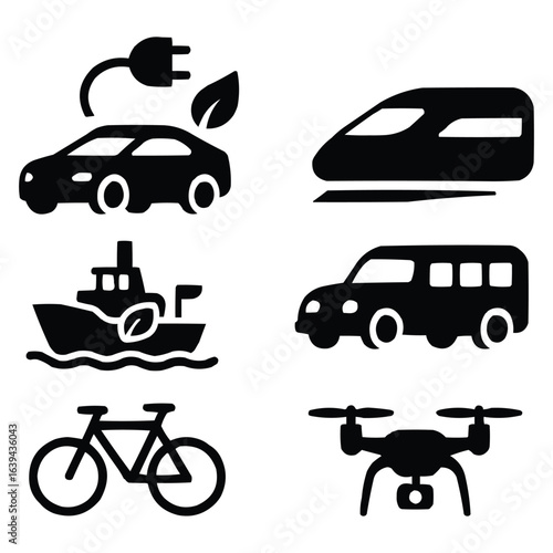 Collection of diverse transportation icons including electric car bullet train ship bus bicycle and drone isolated on white background
