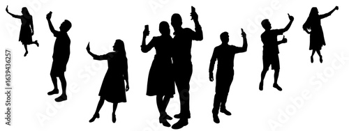 Silhouettes of people with smartphone, taking selfies or making video, photos. Vector illustration