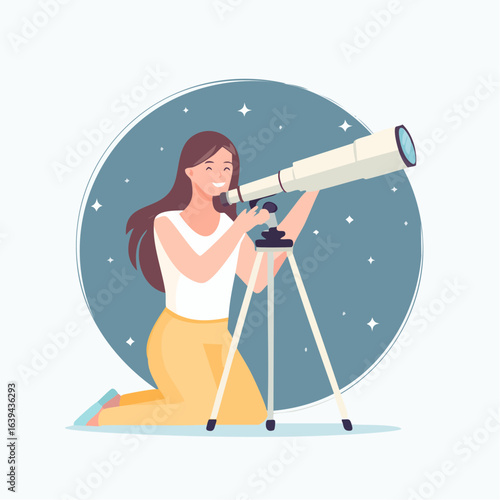 A woman on her knees looks through a telescope against a night sky filled with stars, observing the cosmos.