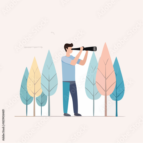 A man stands in a minimalist forest looking through a telescope, symbolizing exploration, vision, and discovery.