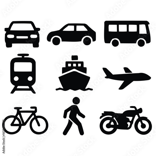 Collection of nine different transportation vehicle icons including cars bus train ship airplane bicycle pedestrian and motorcycle isolated on white background