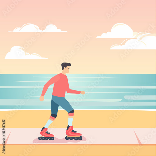 A man enjoys a leisurely rollerblade ride along a sunny beach promenade with calm ocean waters and scattered clouds in the sky.