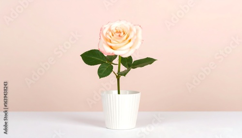 Wallpaper Mural Single Peach Rose in White Ribbed Pot Against Soft Pink Backdrop, Minimalist Still Life Torontodigital.ca