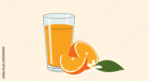 Refreshing glass of orange juice with sliced oranges and a leaf isolated on a light background