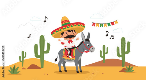 Festive mexican character with sombrero riding a donkey in a desert landscape with cacti and musical notes