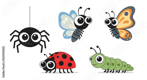 A collection of cute and friendly cartoon insects and arthropods enjoying a sunny day together outdoors