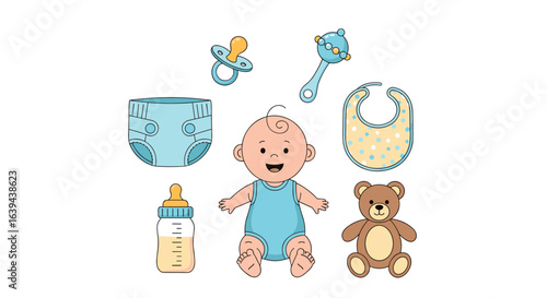 Adorable baby essentials collection featuring a cute infant surrounded by toys and care items