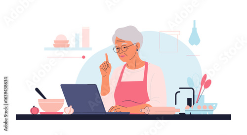 Elderly woman wearing an apron and glasses learning new recipes from her laptop while cooking in a modern kitchen