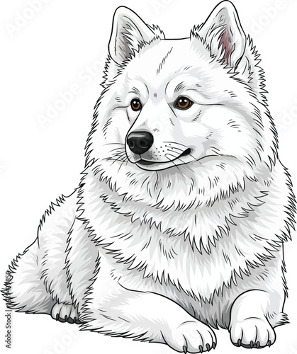 Fluffy American Eskimo Dog laying down looking away front view vector