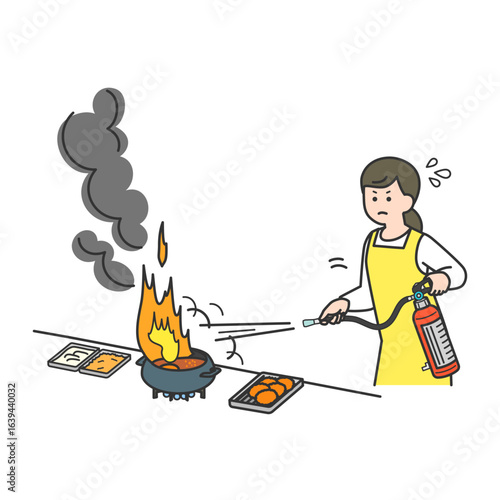引火した揚げ油を消火器で消火する女性