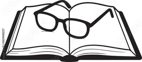Open book with reading glasses on white background isolated on white background