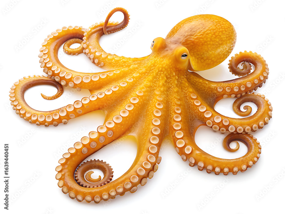 Isolated golden octopus with curled tentacles and white suckers on a plain white background in studio shot Isolated golden octopus with curled tentacles and white suckers on a plain white background in studio shot