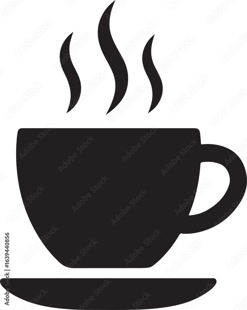 Simple black silhouette of a steaming coffee cup and saucer Simple black silhouette of a steaming coffee cup and saucer