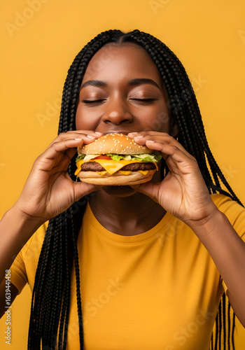 Delicious juicy burger woman enjoying tasty cheeseburger fast food meal yellow background happy expression