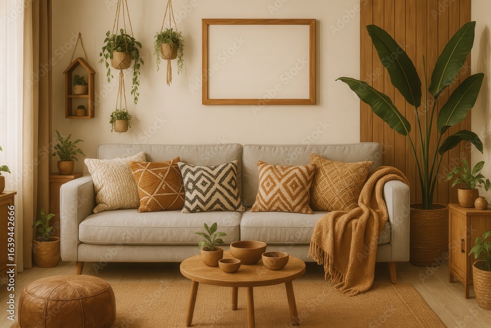 Modern Living Room with Neutral Tones, Plush Sofa, Geometric Pillows, Hanging Plants, and Natural Wood Accents Modern Living Room with Neutral Tones, Plush Sofa, Geometric Pillows, Hanging Plants, and Natural Wood Accents