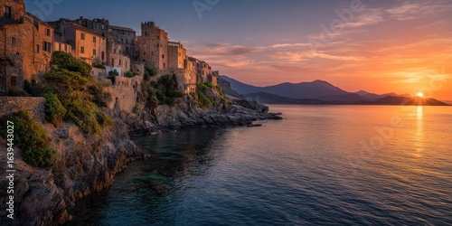 Fototapeta Naklejka Na Ścianę i Meble -  Sunset silhouettes of a European cliff village above serene waters