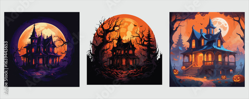 Vector art of haunted house at night under full moon