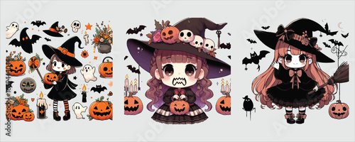 Vector art of cute witch with pumpkins for halloween