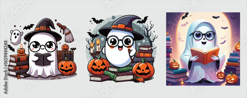 Vector art of cute ghost reading book on halloween night