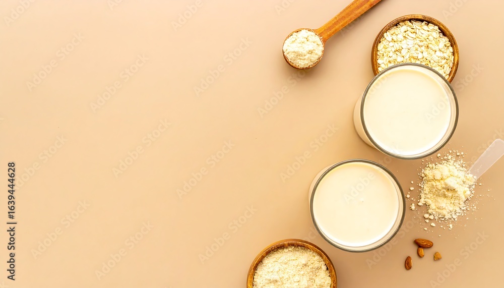 Healthy Breakfast Ingredients: Oatmeal, Protein Powder, Milk, and Almonds on Beige Surface Healthy Breakfast Ingredients: Oatmeal, Protein Powder, Milk, and Almonds on Beige Surface