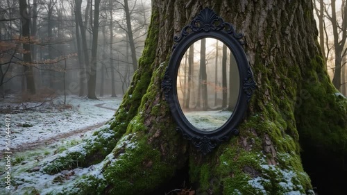 Mystical forest path reflected in tree mirror winter landscape with moss and snow