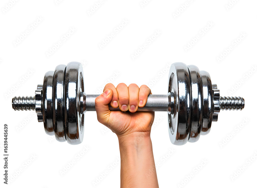 Naklejka premium Man s hands gripping dumbbells for weightlifting isolated on transparent background