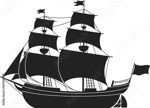 Vintage sailing ship silhouette, old pirate vessel, classic tall ship, nautical transport, 