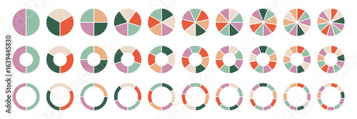 Flat pie and donut chart icons in modern pastel palette. Minimal geometric circle segment from 1 to 11 for infographics, dashboards, UI design, presentation, analytics, statistics, marketing report