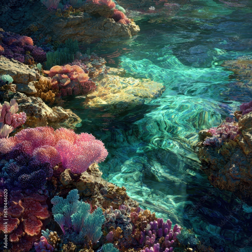 Obraz premium Vibrant coral reef shallows sunlit ocean; background tranquil underwater scene; use marine conservation