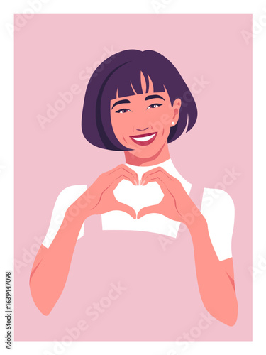 Young Asian woman is making a heart sign with her hands. Love gesture. Portrait of a happy girlfriend. Valentine's Day postcard. Vector flat illustration