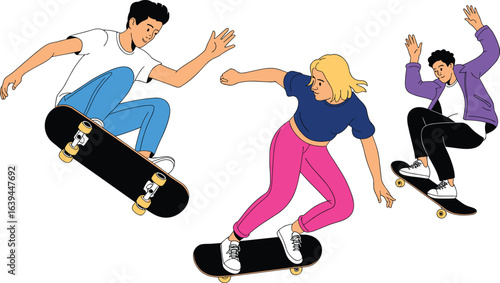 skateboarders performing tricks, young people skating, street sports illustration, 